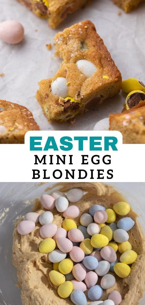 These Easter mini egg blondies are a quick and easy holiday dessert that you can make for your friends and family. The mini egg bars are butter, lightly sweetened, and melt in your mouth thanks to the addition of the Cadbury egg candies. Definitely a fan favorite! Mini Egg Blondies, Easter Chocolate Chip Cookies, Easter Candies, Easy Holiday Dessert, Easter Deserts, Peanut Butter Easter Eggs, Blondie Recipe, Easy Holiday Desserts, Easy Autumn Recipes