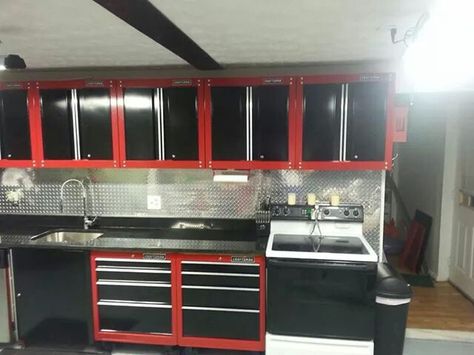 Tool box kitchen... This would be awesome in Rob's garage.. Minus the range and add the beer fridge! Tool Boxes For Kitchen Cabinets, Tool Chest Kitchen Cabinets, Tool Box Kitchen Cabinets, Tool Box Kitchen, Toolbox Kitchen, Practical Kitchen Ideas, Simplistic Kitchen, Furniture For Kitchen, Housing Inspiration