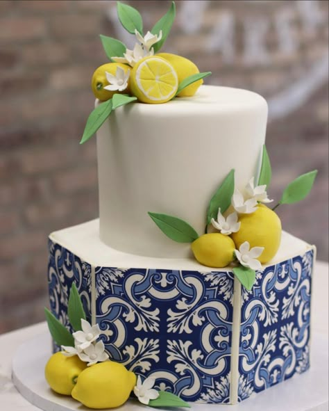 Lemon And Blue Birthday Theme, Portuguese Bridal Shower Theme, Amalfi Coast Theme Cake, Santorini Party Decorations, Blue And Lemon Party Decor, Positano Cake, Lemon And Blue Bridal Shower Theme, Positano Bridal Shower Theme, Mediterranean Theme Party