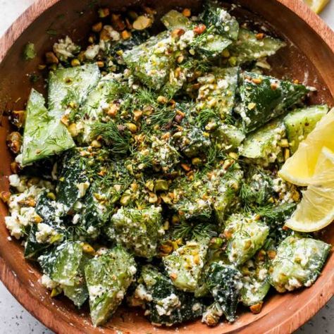 Smashed Cucumber Salad with Feta-Dill Dressing and Pistachios - Dishing Out Health Smashed Cucumber, Feta Dressing, Dishing Out Health, Smashed Cucumber Salad, Cucumber Avocado Salad, Dill Dressing, Salad With Feta, Simple Salad, Healthy Man