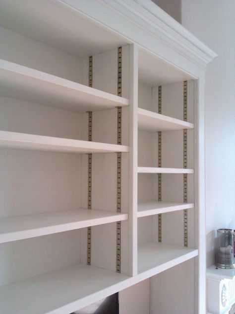 Brass adjustable shelving system Diy Adjustable Shelves, Cupboards Ideas, Track Shelving, Wood Closet Shelves, Tool Wall Storage, Brass Shelving, Office Shelves, Bookshelf Room, Pantry Remodel