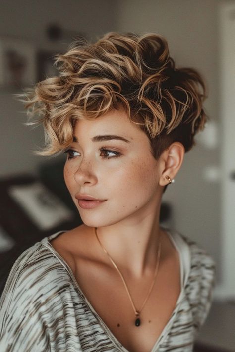 Person with short, wavy blonde hair and a thoughtful expression. Short Hair Cuts For Women With Curly, Short On Sides Long On Top Hair Women, Pixie Hair With Highlights, Shaggy Curly Pixie, Pixie Hairstyles Curly Hair, Curly Pixie Haircut For Chubby Faces, Very Short Curly Hair Pixie, Pixie Curly Haircut, Sassy Hair Older Women