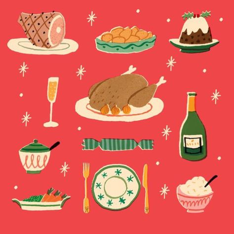 Ruby Taylor on Instagram: “Getting excited about stuffing my face. #Christmas #dinner #Turkey #illustration #champagne #pudding #ham #tableplan” Foodie Illustration, Winter Poster, Mid Century Illustration, Winter Illustration, Mid Century Christmas, Holiday Feast, Retro Illustration, Art And Illustration, Holiday Illustrations