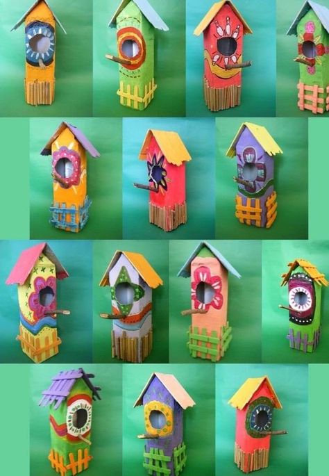 Bird House Crafts, House Crafts For Kids, Milk Carton Crafts, Bird Feeder Craft, Birdhouse Craft, Homemade Bird Feeders, House Crafts, Diy Bird Feeder, Recycled Art