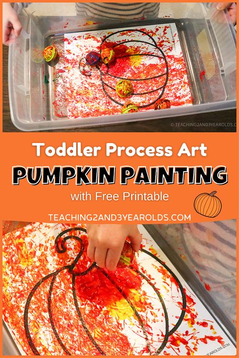 This pumpkin painting for toddlers involves lots of action to make the paint move around. Perfect for busy kids who love to keep moving! #toddlers #halloween #pumpkin #paint #art #printable #process #fall #teaching2and3yearolds Fall Art For Toddlers, K3 Activities, Painting For Toddlers, Pumpkin Crafts Preschool, Fall Pumpkins Painting, Fall Activities For Toddlers, Pumpkin Paint, Kids New Years Eve, Toddler Painting