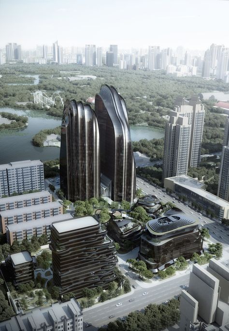 Designed by MAD Architects in Beijing,China with date 2016. Images by MAD. Construction has commenced on MAD’s Chaoyang Park Plaza within one of Beijing’s largest public parks and central busi... Mad Architects, Park Plaza, Chinese Landscape Painting, Tall Buildings, Space Frame, Chinese Landscape, Glass Facades, City Landscape, Traditional Architecture