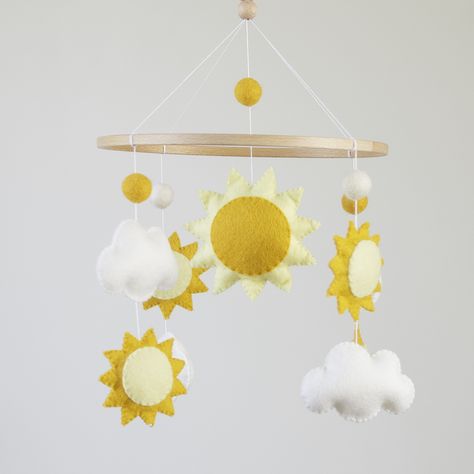 Handmade Felt Baby Mobile with Suns and Clouds, Yellow Nursery Decor Yellow Nursery Decor, Felt Baby Mobile, Cot Toys, Baby Mobiles, Yellow Nursery, Crib Toys, Decor 2024, Yellow Baby, Felt Baby