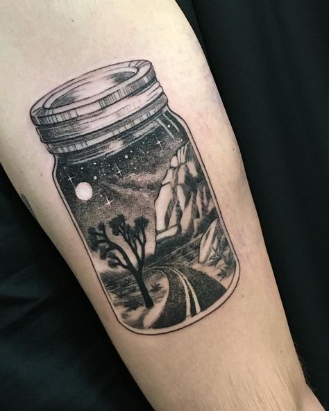 Anna Tat (@annatat_md) on Instagram: “Oliver put the memory from Joshua tree CA in a jar! #annatat #annatattoo #tattoo #joshuatree…” Mason Jar Tattoo, Jar Tattoo, Scenery Tattoo, Desert Tattoo, Name Tattoos For Moms, Cactus Tattoo, Dandelion Tattoo, Mommy Tattoos, Traditional Tattoo Sleeve