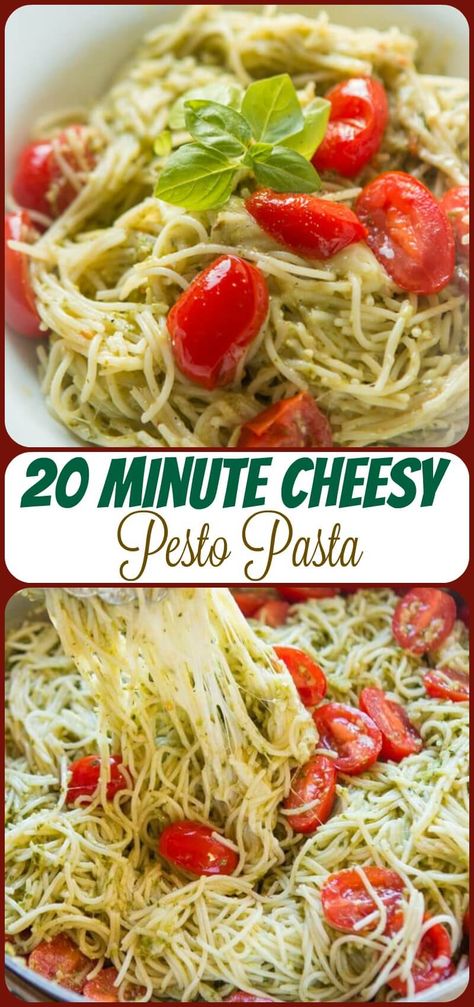 20 minute cheesy pesto pasta recipe | ohsweetbasil.com: just delish! I used 9 oz of fresh angel hair pasta, reduced the amount of tomatoes, added black olives, and used pecorino romano cheese. I used the pesto recipe link included but omitted pine nuts and did not toast the garlic. Made 8/27/17 Pesto Angel Hair Pasta, Pesto Pasta With Tomatoes, Pesto Spaghetti, Pesto Pasta Recipe, Special Diet Recipes, Pesto Pasta Recipes, Quick Diet, Pecorino Romano, Romano Cheese