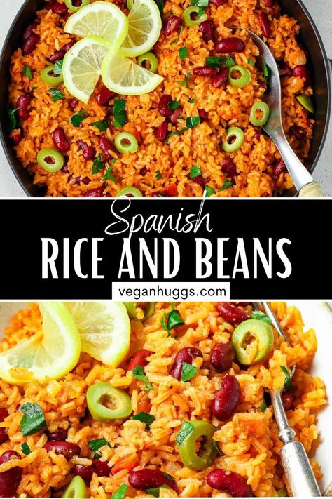 This Spanish Rice and Beans recipe is a deeply flavored one-pot meal that can be served as a side dish or as a main course. It's simple to cook, takes few ingredients, and is ready in about 40 minutes! It's also filling, high in protein, and ideal for meal prep. #VeganHuggs #VeganRecipes #riceandbeans #spanishcuisine Spanish Rice And Beans, Meal Vegetarian, Healthy Hearty Meals, Tofu Burger, Rice And Beans Recipe, Spanish Rice Recipe, Rice Beans, Grilled Tofu, Rice And Beans