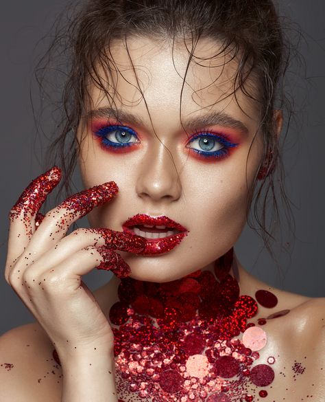 Billie Photoshoot, Red Makeup Creative, Red Makeup Photoshoot, Burlesque Moodboard, Ice Lips, Red Glitter Makeup, Red Drag Makeup, High Fashion Makeup Editorial, Editorial Makeup Photography