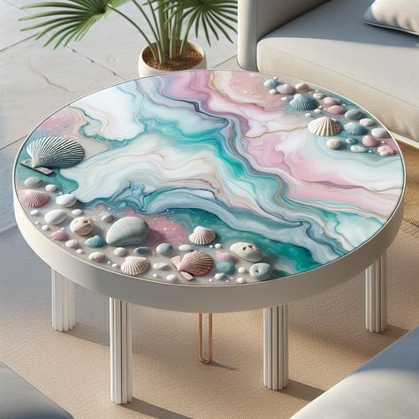 This pastel resin art table offers a serene blend of colors with seashell and pebble accents. Its whimsical beach vibe appeals to mature, creative tastes, complemented by modern white or silver legs. Perfect for a refined yet playful aesthetic. #ResinArtTable #BeachInspiredHomeDecor #ModernFurniture #PastelHomeDecor #CreativeHomeDesign #AestheticFurniture Resin Art Table, Pastel Resin, Playful Aesthetic, Resin Clock, Modern Art Canvas Painting, Moss Decor, Pastel Home Decor, Resin Work, Epoxy Table