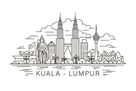 Premium Vector | Kuala lumpur lineart illustration. kuala lumpur holiday travel flat drawing. modern line kuala lumpur illustration. hand sketched poster, banner, postcard, card template for travel company, t-shirt, s Malaysia Drawing, Malaysian Doodle Art, Menara Kuala Lumpur Drawing, Malaysia Building Drawing, Kuala Lumpur Illustration, Malaysia Illustration Art, Kuala Lumpur Skyline, Malaysia Flag, Kuala Lumpur City