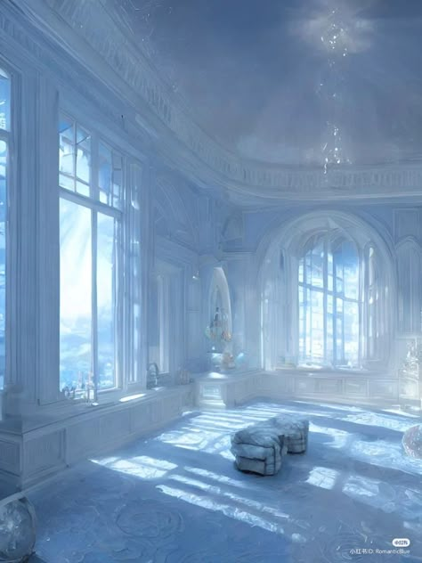 Fantasy Ice Castle Interior, Ice Castle Interior, Ice Palace Aesthetic, Ice Blue Aesthetic, Glass Castle, Interior Concept Art, Dreamscape Architecture, Ice Palace, Fantasy Rooms