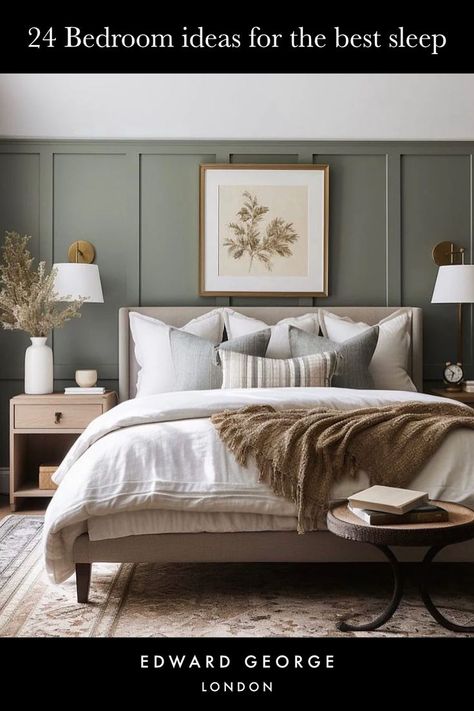 Discover 24 bedroom ideas designed for the ultimate sleep experience. From serene color palettes to cozy decor, find inspiration to create your dream sleep sanctuary. #BedroomIdeas #SleepWell #HomeDeco Bedding Ideas Dark Furniture, Decor Ideas Bedroom, Creative Bedroom, Bedroom Decor Cozy, Accent Wall Bedroom, Bedroom Decor Ideas, Bedroom Refresh, Bedroom Green, Master Bedrooms Decor