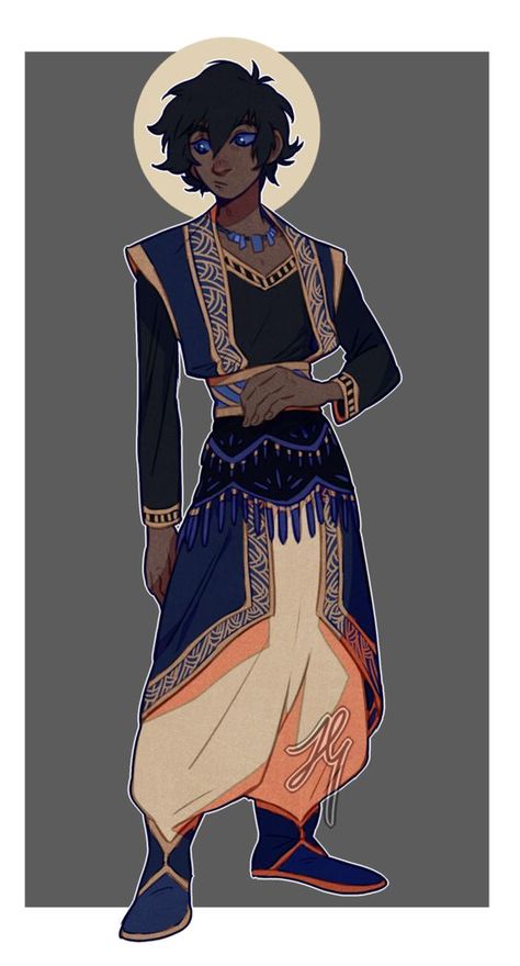 Arabian Outfit Drawing, Aladdin Character Design, The Arcana Oc Outfits Male, Bard Clothes Male, Dark Skinned Character Design, Celestial Outfit Male, Sorcerer Clothes, Dnd Sorcerer Outfit, Merchant Outfit