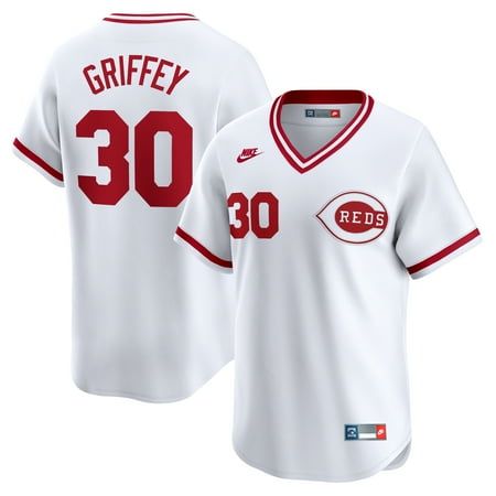 Gear up in this Cincinnati Reds Ken Griffey Throwback Cooperstown Limited Jersey from Nike. This Nike gear features a classic pullover front and rounded hem, making it a stylish addition to your collection. The Nike Dri-FIT ADV moisture-wicking technology makes for an improved and comfortable feel wherever you decide to watch the game. Featuring distinct Cincinnati Reds graphics, this jersey ensures your fandom is on full display as you watch your favorite team. Size: S.  Color: White. Nike Mens Clothing, Cincinnati Reds Baseball, Nike Mens Shirts, Nike Gear, Ken Griffey, Reds Baseball, Jersey Outfit, Team Jersey, Short Sleeve Pullover