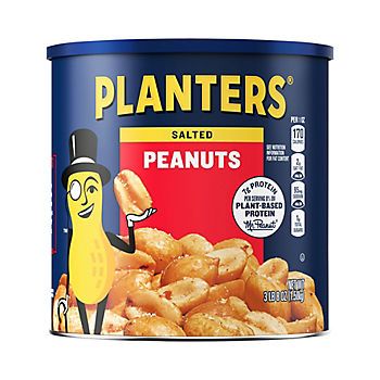 Planters Salted Peanuts follow the original Planters recipe everyone knows and loves. With a legendary taste and satisfying crunch, these peanuts are made with only three simple ingredients: peanuts, peanut oil and sea salt. Each peanut is finely seasoned with sea salt to enhance the natural roasted nut flavor. These perfectly roasted peanuts have 7 grams of protein and are a good source of vitamin E. Free of cholesterol and trans-fat, Planter's Peanuts have 14 grams of fat per serving and are the perfect on-the-go salty snack. Enjoy the traditional taste and crunch of a handful of roasted nuts. These roast peanuts with salt are a great snack for those keeping Kosher and come packaged in a resealable 56 ounce can to help lock in freshness.  Product Features:  * One 56 oz. can of Planters S Peanuts Party, Thai Chicken Salad, Planters Peanuts, Salted Peanuts, Chicken Salad Wrap, Dried Corn, Salad Wraps, Spicy Peanuts, Nuts & Seeds