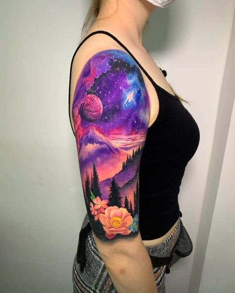 Top 75 Best Arm Tattoo Ideas for Women - [2020 Inspiration Guide] Cosmic Half Sleeve Tattoo, Women’s Sleeve Tattoo Ideas, Arm Sleeve Tattoos For Women Spaced Out, Tattoo Ideas For A Sleeve, Tattoo Sleeve Filler Backgrounds Color, Full Sleeve Tattoos Women Color, Bright Tattoos For Women Half Sleeves, Space Mandala Tattoo, Space Tattoo Sleeve For Women