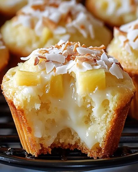 Pina Colada Pie Muffins with Toasted Coconut Topping - optimal recipes Pina Colada Dessert, Pina Colada Pie, Optimal Recipes, Pie Muffins, Tropical Desserts, Butter Alternative, Simple Muffin Recipe, Cream Cheese Muffins, Gluten Free Muffins