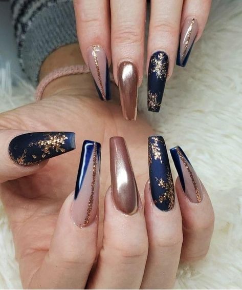 Tan And Blue Nails Design, Blue Christmas Nails Stiletto, Blue Gold Acrylic Nails, Blue Gold Christmas Nails, Dark Blue And Rose Gold Nails, Blue And Burgundy Nails, Blue Holiday Nails Acrylic, Fall Blue Nails Art Designs, Rhinestones Nails Designs