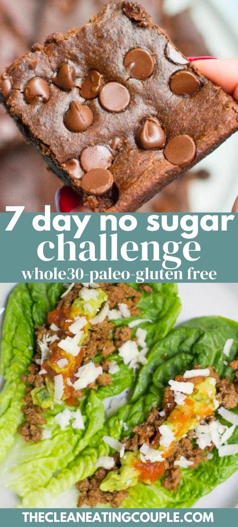 This free 7 Day No Sugar Challenge will make you more mindful about what's in your food. Complete with a healthy meal plan, recipes + simple tips. Learn about the benefits of giving up sugar, why sugar is bad, and how you can eat better! Let's do this! 19 Days No Sugar Challenge, No Bread Dinner Meals, No Bread No Sugar Diet Plan, How To Give Up Sugar, No Sugar Added Snacks, 19 Day No Sugar Challenge, No Sugar Or Carb Diet Food Lists, No Sugar Snacks Clean Eating, Sugar Alternatives Healthy