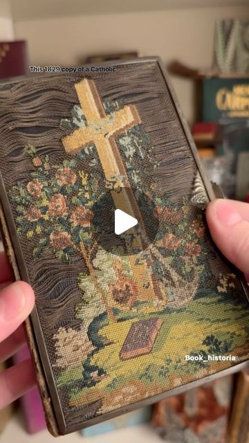 Allie Alvis on Instagram: "Ever seen a book with an embroidered binding? ✨ This 1829 copy of a Catholic prayer book printed in Prague features hand-embroidered images to the front and back 😍 These would have been added by a talented owner. I can’t believe how bright the colors still are! It also has some nice plates, but who am I kidding, I bought this for the binding 😂 Part of my personal collection 📚 #bookstagram #rarebooks #bookshelf #bookcollector #oldbooks #fiberart #embroidery #booksofinstagram" Catholic Embroidery, Embroidered Bible Cover, Embroidered Book Cover, Catholic Guilt Core, Convent Embroidery, Catholic Prayer Book, Catholic Books, Prayer Book, Rare Books