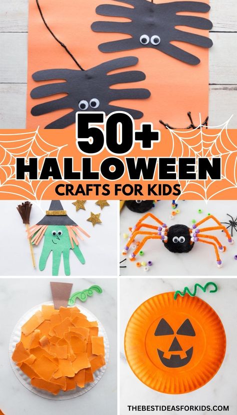 50+ Halloween Crafts for Kids - so many fun and easy Halloween craft ideas for kids - for kindergarten or preschool! Halloween Art Craft Kindergarten, Halloween Craft Toddler Easy, Easy Halloween Toddler Crafts, Halloween Craft Ideas For Babies, Halloween Crafts For Grandparents, Halloween Crafts For Kinder, Easy Kindergarten Halloween Crafts, Halloween Crafts With Toddlers, Two Year Old Halloween Crafts