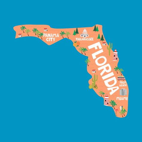 Florida Map Illustration, Selfie Mural, Map Of Florida Cities, Florida State Map, Cartoon Map, 32nd Birthday, Dog Shelter, Florida Map, Stationery Business