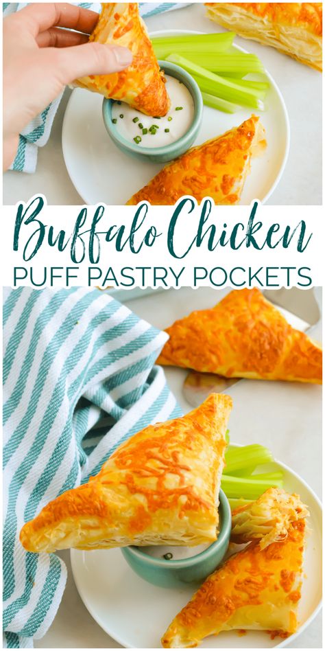 Buffalo Chicken Phyllo Rolls, Buffalo Chicken Pockets, Buffalo Chicken Hand Pies, Chicken Stuffed Puff Pastry, Puff Pastry Buffalo Chicken, Buffalo Chicken Pastry Puffs, Buffalo Chicken Puffs, Dinner With Puff Pastry, Shredded Chicken Puff Pastry Recipes