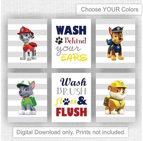 INSTANT DOWNLOAD Paw Patrol Rubble Rocky Chase Marshall Paw Patrol Bathroom, Small Rustic Bathrooms, Paw Patrol Room, Gray Shower Tile, Rubble Paw Patrol, Gold Bathroom Decor, Black And Gold Bathroom, Girls Room Wall Art