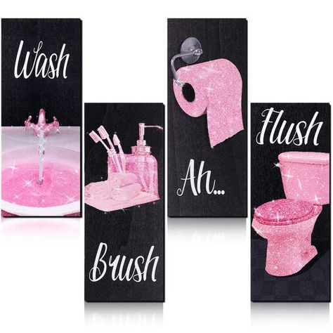 PRICES MAY VARY. Pink Bathroom Decoration: the package content contains 4 pieces of stylish wall art bathroom decors in different styles, beautiful and elegant, sufficient quantity and various patterns can support your daily use and replacement needs, helping you enjoy leisure shower time or bath time Pink Glitter Bathroom Decor: these modern women funny bathroom decors are decorated with pink glitter decor, and printed with letters of [Flush], [Ah], [Brush], [Wash], funny and noticeable; These Cute Bathroom Decor Ideas Color Schemes, Girly Bathroom Decor Ideas, Black And Pink Bathroom Ideas, Pink Bathroom Ideas Decor, Pink And Brown Bathroom, Black And Pink Bathroom, Orchid Bathroom, Pink And Black Bathroom Decor, Restroom Decor Ideas