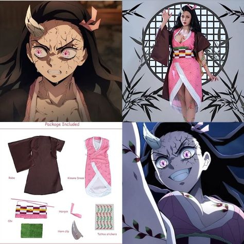 Demon Slayer, Kimetsu no Yaiba, Nezuko Kamado Demon Kimono Cosplay made of polyester material. Package comes with kimono, pink dress, belt, hairpin, horn, and tattoos. Machine washable. Perfect for anime conventions like Comic Con, Anime Expo, or even worn as a Halloween costume. Great for any Demon Slayer, Kimetsu no Yaiba-themed events and parties. Click on link to view item! Nezuko Demon Cosplay, Nezukos Kimono, Nezuko Costume, Nezuko Demon Form, Giyuu Cosplay, Anime Halloween Costume, Kimono Cosplay, Anime Cosplay Ideas, Nezuko Cosplay