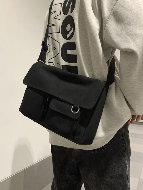 Black  Collar  Fabric Plain Square Bag Embellished   Men Bags Outfits With Shoulder Bag, Side Bags For College, University Freshman, Shoulder Bag Outfit, Cross Body Sling Bag, Purse Outfit, Sling Bag For Men, Logo Game, My Style Bags