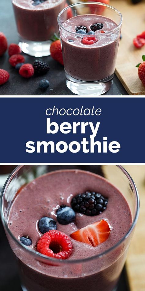 The best way to satisfy that chocolate craving! This Chocolate Berry Smoothie is filled with frozen berries and just enough chocolate to make this feel like dessert instead of a healthier treat. #smoothie #recipe #berries #chocolate #healthy Chocolate Berry Smoothie, Berry Smoothies, Chocolate Protein Smoothie, Chocolate Smoothie Recipes, Chocolate Protein Shakes, Protein Smoothie Recipes, Frozen Berries, Healthy School, Chocolate Smoothie