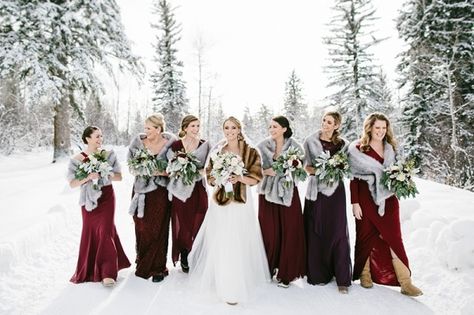 Burgundy Winter Bridesmaid Dress with Fur Stoles Inspiration Maroon Bridesmaid Dresses With Shawl, Winter Wedding Bridesmaid Boots, Burgundy Bridesmaid Dresses Winter, Winter Bridesmaid, Wedding Bridesmaid Bouquets, Christmas Wedding Inspiration, Winter Wedding Bridesmaids, Winter Bridesmaids, Winter Bridesmaid Dresses