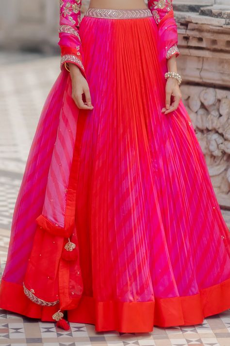 Buy Paulmi and Harsh Pink Chiffon Leheriya Lehenga Set Online | Aza Fashions Leheriya Lehenga, Paulmi And Harsh, Abhinav Mishra, Cape Jumpsuit, Lehenga Dupatta, Lehenga Designs Simple, Pink Chiffon, Embroidered Neckline, Lehenga Designs