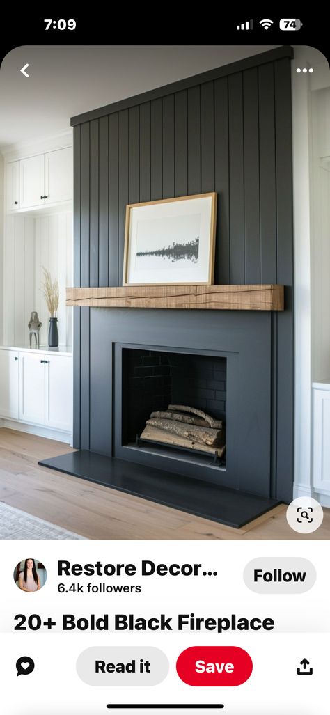 Black Painted Fireplace Wall, Black Fireplace Wall Shiplap, White Fireplace Accent Wall, Black Fireplace With Tv, Black Granite Fireplace Surround, White Brick Fireplace With Black Mantle, Black Fireplace Wood Mantle, Brick Fireplace Makeover Black, Black Tile Fireplace Wall