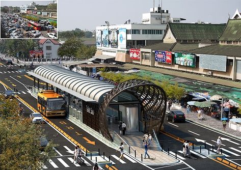 7 Design Lessons From the World's Most Gorgeous BRT Stations - Bloomberg Bus Terminal Design, Public Transportation Design, Bus Rapid Transit, Tram Station, Bus Stop Design, Vientiane Laos, Pedestrian Crossing, Bus Shelters, Urban Design Concept