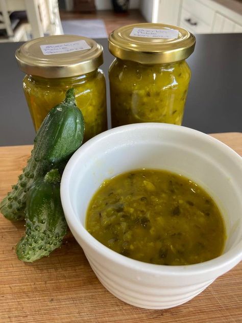 Gherkin Relish - Preserving the Harvest Part 1 Gherkin Relish Recipe, Gherkin Recipe, Gherkin Relish, Dill Relish, Relish Recipes, Cold Meat, The Harvest, Plain Flour, Curry Powder