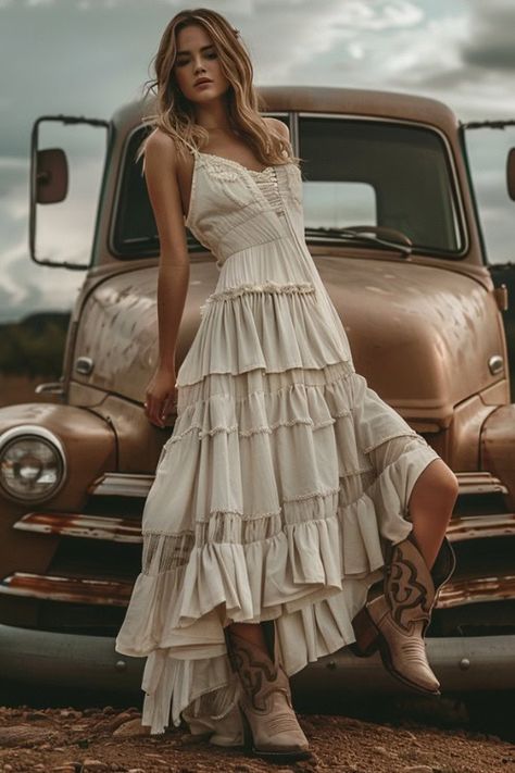 Country Dress Outfits, Western Formal Outfits For Women, Country Wedding Dresses With Boots, Cowboy Formal, Western Formal Dresses, Wedding Dress With Cowboy Boots, Country Girl Dress, Floral Country Dress, Country Summer Dresses