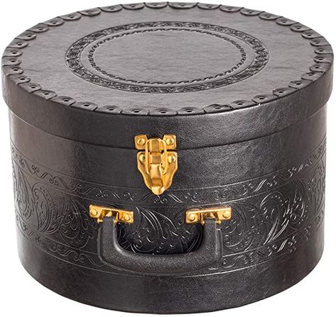 Amazon.com - Hat Box for Men & Women Storage - Round Hat Box Container Easy Travel with Gold locking Lid and Sturdy Handle For Carrying Cowboy Round or Sun Beach Hats and Caps. (Black) - Lids Hat, Large Hat, Hats And Caps, Round Hat, Hat Storage, Home Fragrance Accessories, Botas Chelsea, Large Hats, Wide Brim Fedora