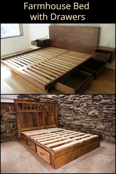 Diy King Bed Frame With Storage Plans, Bed Frame With Drawers Plans, Farmhouse Bed With Drawers, King Bed Frame With Storage Plans, Rustic Bed With Storage, Diy Wood Bed Frame With Storage, Rustic Bed Frame With Storage, King Bed Frame With Storage Diy, Diy King Platform Bed Frame With Storage