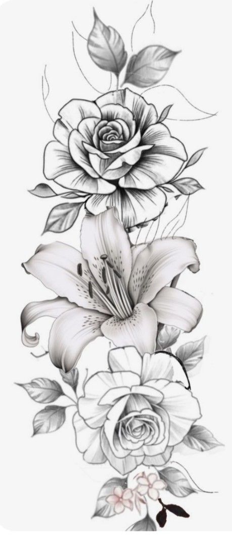 Roses And Lily Tattoo, Peony Rose And Lily Tattoo, Rose And Lotus Flower Tattoo, Rose And Lily Tattoo Design, Lily And Rose Tattoo, Lily Tattoo Sleeve, Lilly Flower Tattoo, Flower Tattoo Stencils, Lillies Tattoo