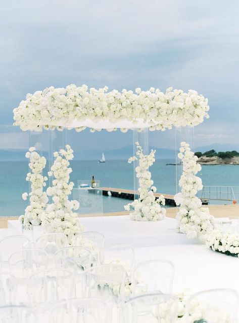 Glam Beach Wedding Ceremony, Beach Wedding White Flowers, Florida Beach House Wedding, All White Wedding Ceremony Decor, White Flower Chuppah, Nobu Wedding, Expensive Wedding Decor, Beach Wedding Altar, All White Beach Wedding