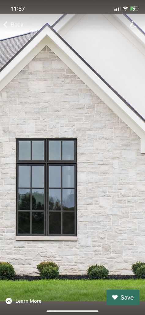 White Brick And Stone Exterior Farmhouse, White Stone Siding Exterior, White Stone On Front Of House, Brick On White Farmhouse Exterior, White Stone Houses Exterior, White And Grey Stone House Exterior, White Transitional Home Exterior, White Stucco With Stone Exterior, Ivory Stone House Exterior