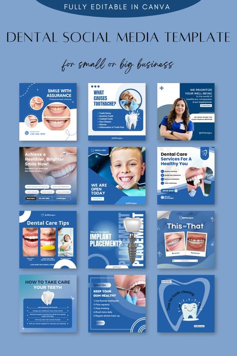 Revamp your dental brand's online presence with our extensive Dental Social Media Template Bundle! 🦷✨ Capture your audience seamlessly with professionally crafted designs for posts, stories, and promotions. 🌐 Customize with ease to align with your unique practice identity. From vibrant graphics to informative posts, this bundle is your gateway to a dynamic and cohesive online presence. 🪥📱 Streamline your social media strategy and engage your followers with these carefully designed templates. Dental Advertising Ideas Social Media, Dental Social Media Posts, Dental Social Media Design, Dental Template, Dentist Instagram, Dentist Social Media, Dental Ads, Dentist Marketing, Dental Branding