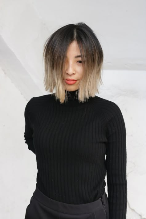 Highlighted Bob Hair, Chin Length Ombre Hair, Brown Ombre Bob Hair, Asian Short Hair With Highlights, Black To Blonde Ombre Hair Short, Short Hair Balayage Brunette Dark Brown, Dark Bob Hair, Edgy Bob With Bangs, Short Hair Ombre Balayage