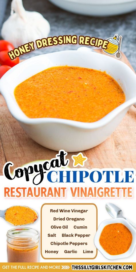 Get ready to be amazed by this copycat version of Chipotle's restaurant vinaigrette—it's simply irresistible! If you're a Chipotle fan, you already know the magic of this honey dressing. Whether you're jazzing up a salad, adding some zing to your taco salad, or elevating the flavor of your favorite protein, this vinaigrette is like hitting the jackpot! Give this recipe from This Silly Girl's Kitchen today! Chipotle Vinegarette Sauce, Chipotle Salad Dressing Copycat, Chipotle Honey Vinaigrette Copycat, Chipotle Copycat Vinaigrette Dressing, Copycat Chipotle Vinaigrette Dressing, Chipotle Copycat Recipes Dressing, Chipotle Vinaigrette Copycat, Dressing For Taco Salad, Chipotle Vinaigrette Dressing