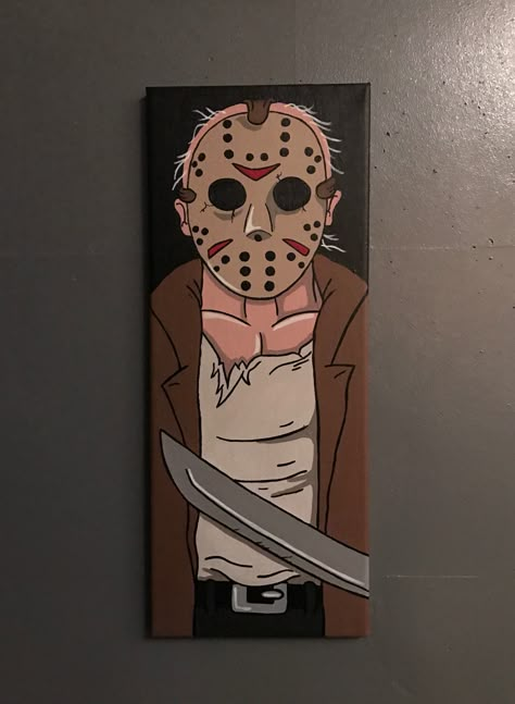 Jason Voorhess canvas Jason Painting Halloween, Jason Painting Canvas, Horror Canvas Painting, Jason Painting, Horror Paintings Easy, Movie Canvas Painting, Character Paintings, Halloween Canvas Paintings, Paint Inspo